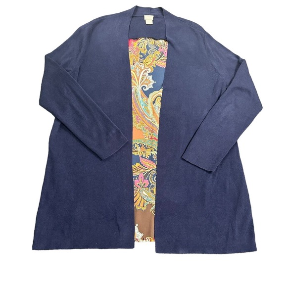 Chico's Navy Open Front Cardigan with Paisley Lining - Picture 1 of 12